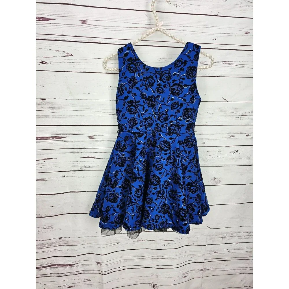 Knitworks Girls Blue Black Floral Sleeveless Dress Size 12‎
